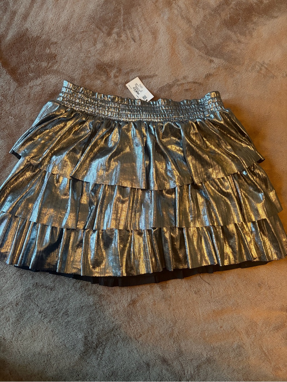 Francesca's Collections Metallic Silver Tiered Ruffle Mini Skirt